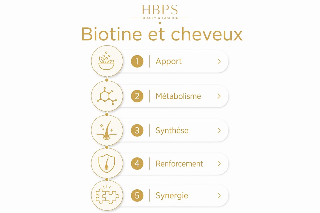 Infographie détaillant le rôle de la biotine dans le processus de croissance et de renforcement des cheveux