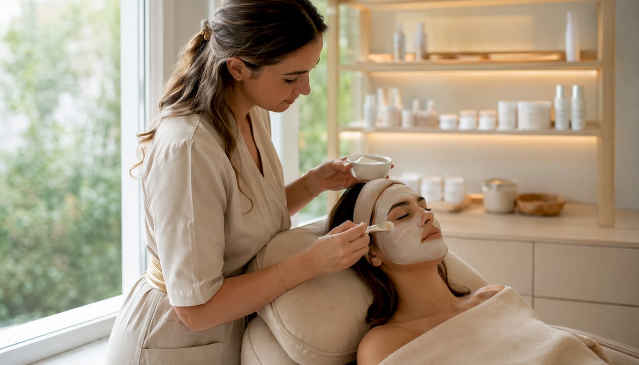 Soin du visage réalisé en cabine par une esthéticienne professionnelle
