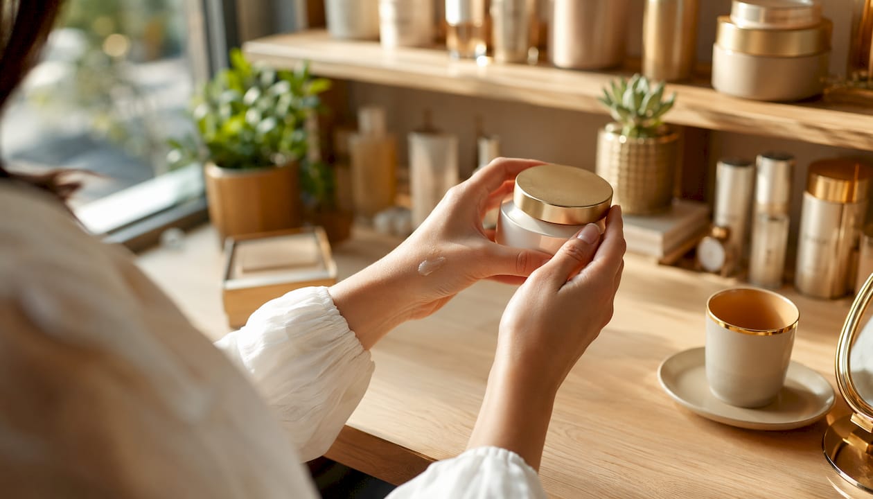 Une personne applique de la crème sur ses mains dans une boutique de produits de beauté.