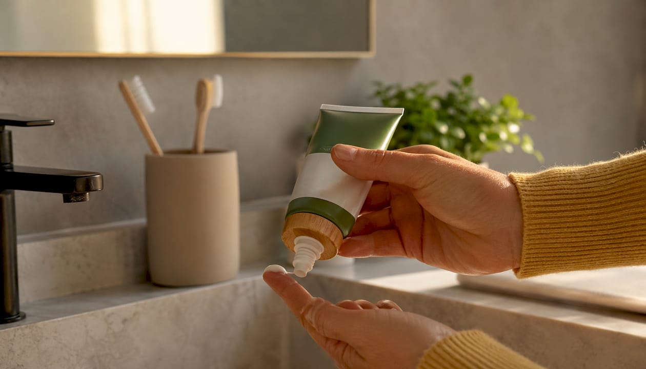 Une main s'apprête à presser un tube de dentifrice enrichi en fluor au-dessus du lavabo.