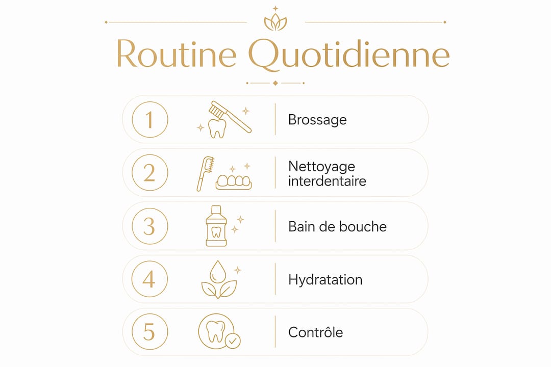 Visuel explicatif des différentes étapes à suivre pour prendre soin de ses dents au quotidien