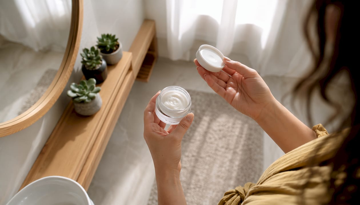 Zoom sur des mains qui déchiffrent la liste des ingrédients d’un produit cosmétique