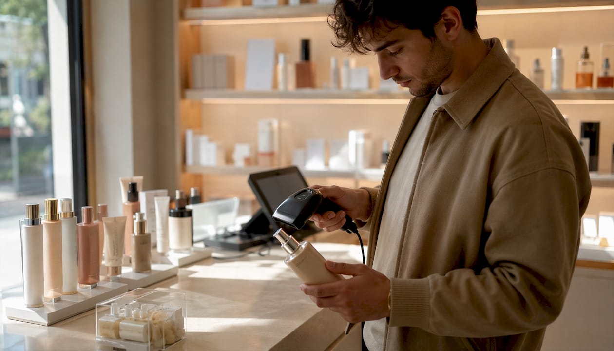 Un homme consulte le code-barres d’un produit de beauté dans un magasin.