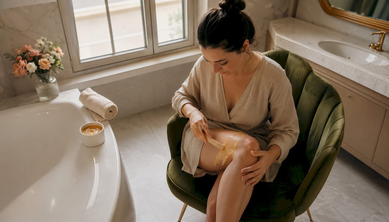 Une femme réalise une épilation maison en appliquant de la cire au sucre sur ses jambes.