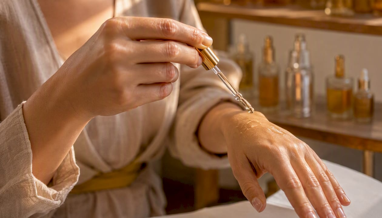 Application d’un sérum hydratant sur les mains lors d’un soin en institut