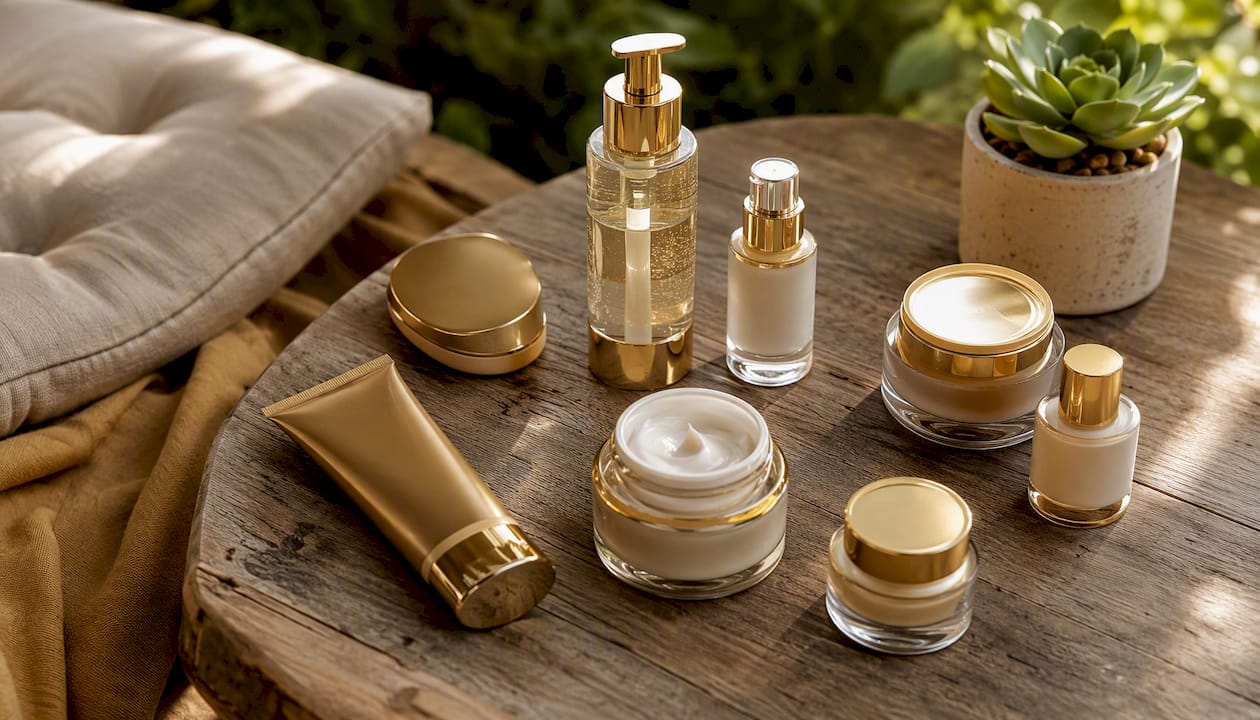 Sélection de soins anti-âge haut de gamme élégamment présentés sur un plateau en marbre.