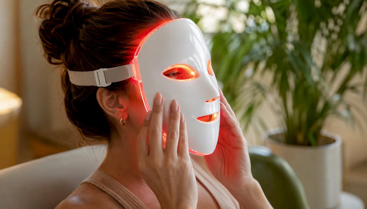 Soin du visage sous lumière LED rouge lors d’une séance de spa
