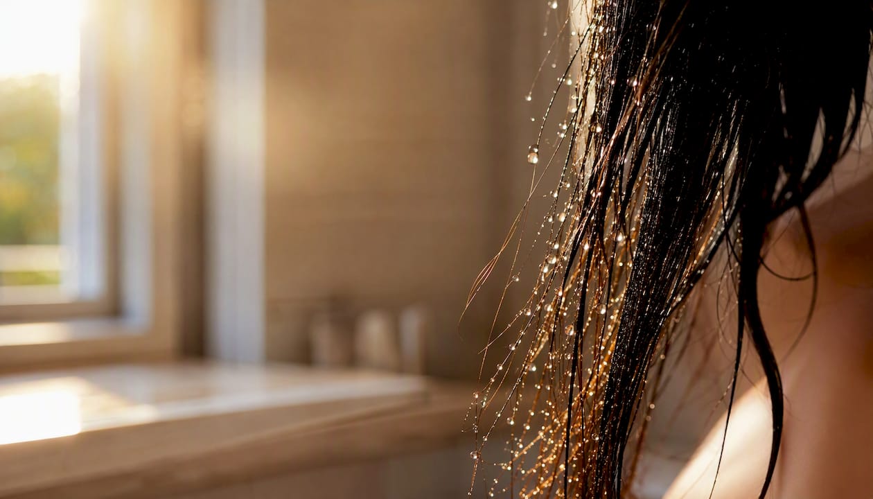Gros plan de gouttelettes d’eau éparpillées sur des cheveux