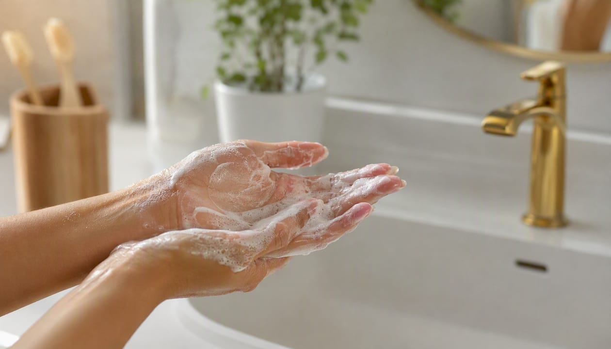 Des mains font mousser un nettoyant pour le visage