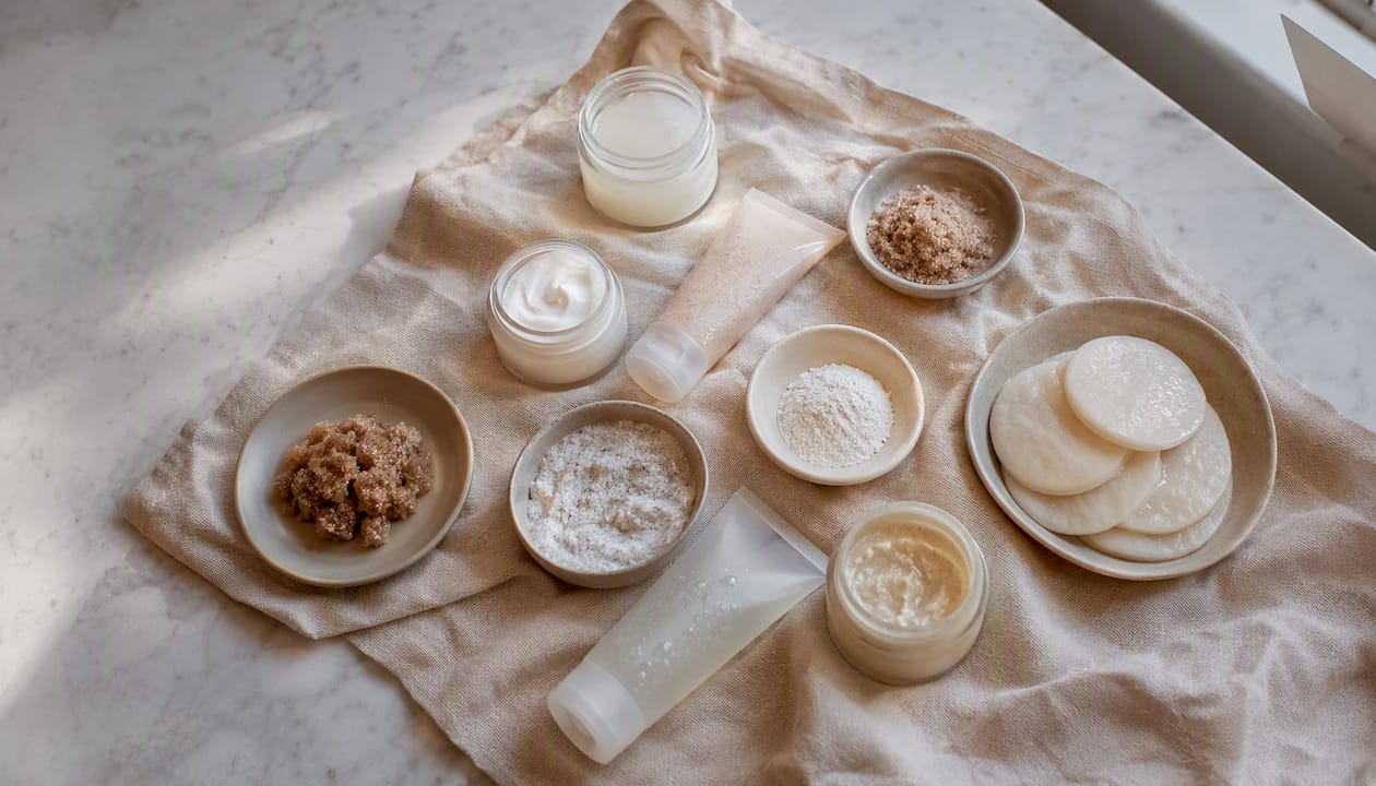 Différents types de produits exfoliants soigneusement disposés sur une serviette