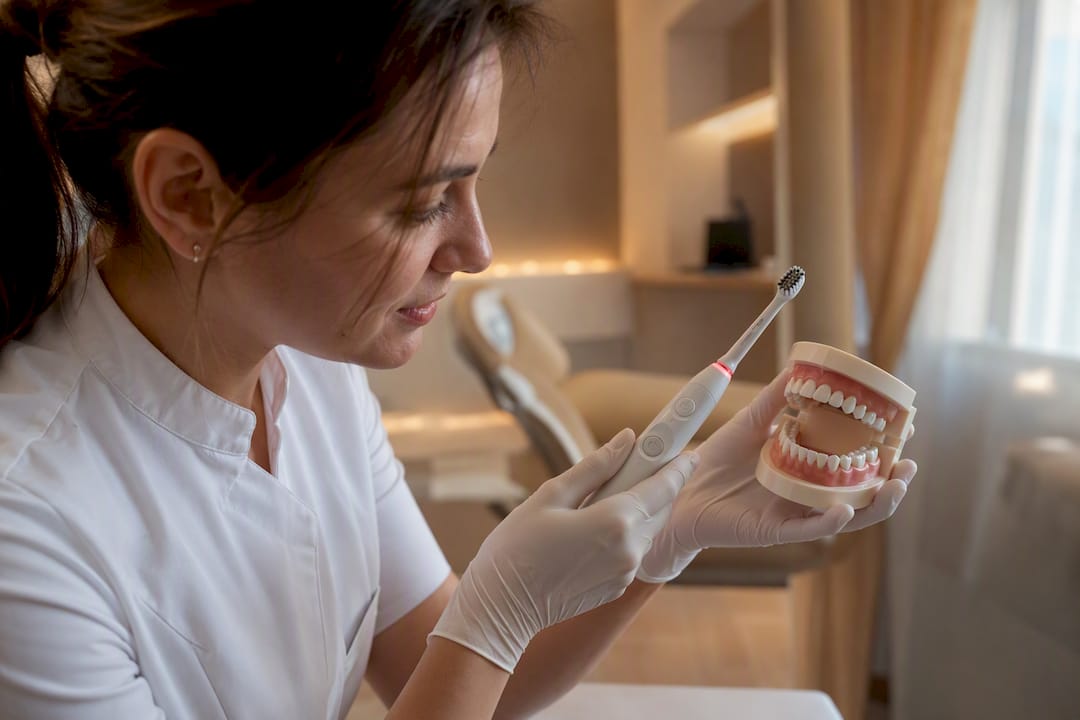 Le dentiste présente le capteur de pression intégré à la brosse à dents électrique.