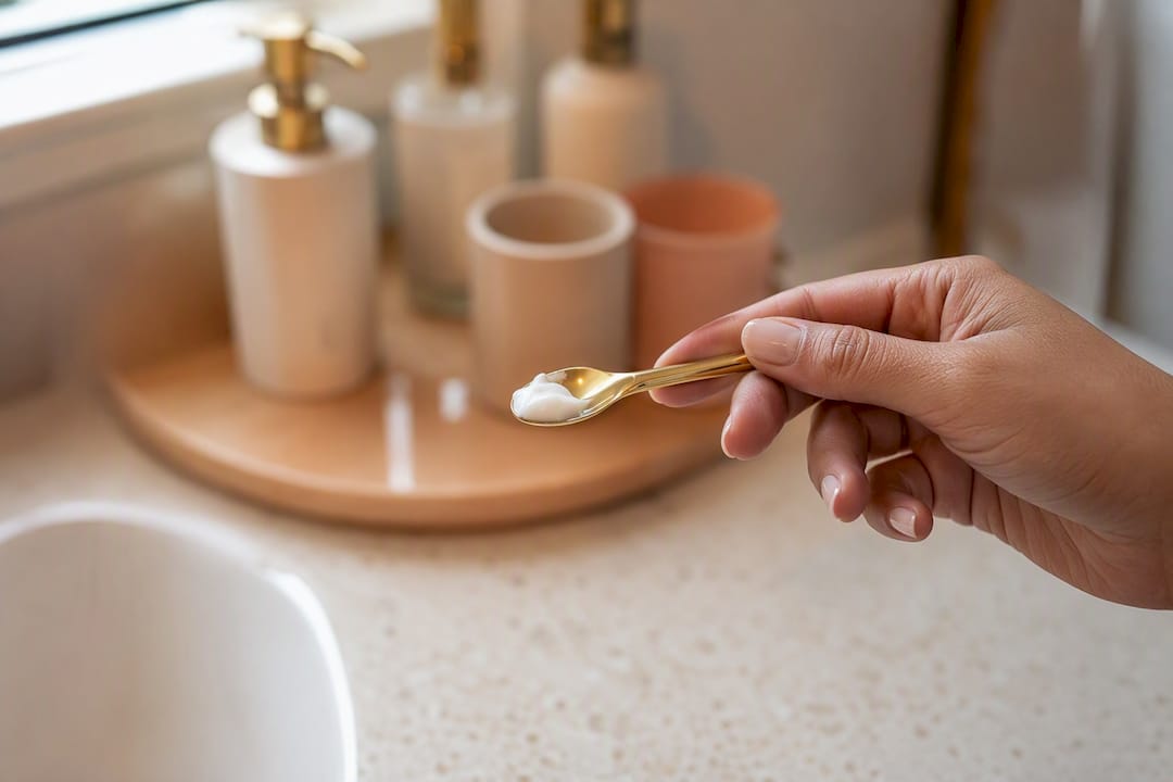 Main tenant une dose mesurée de crème solaire