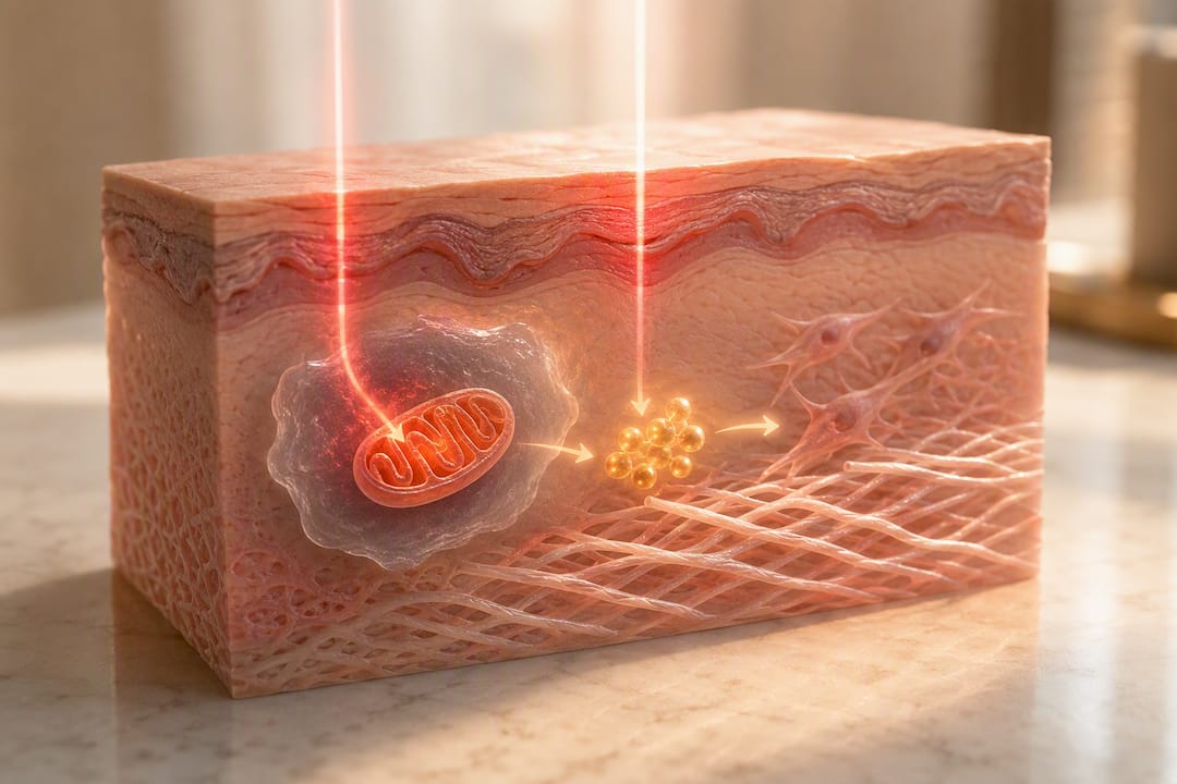 Schéma illustrant le mécanisme cellulaire de la lumière rouge