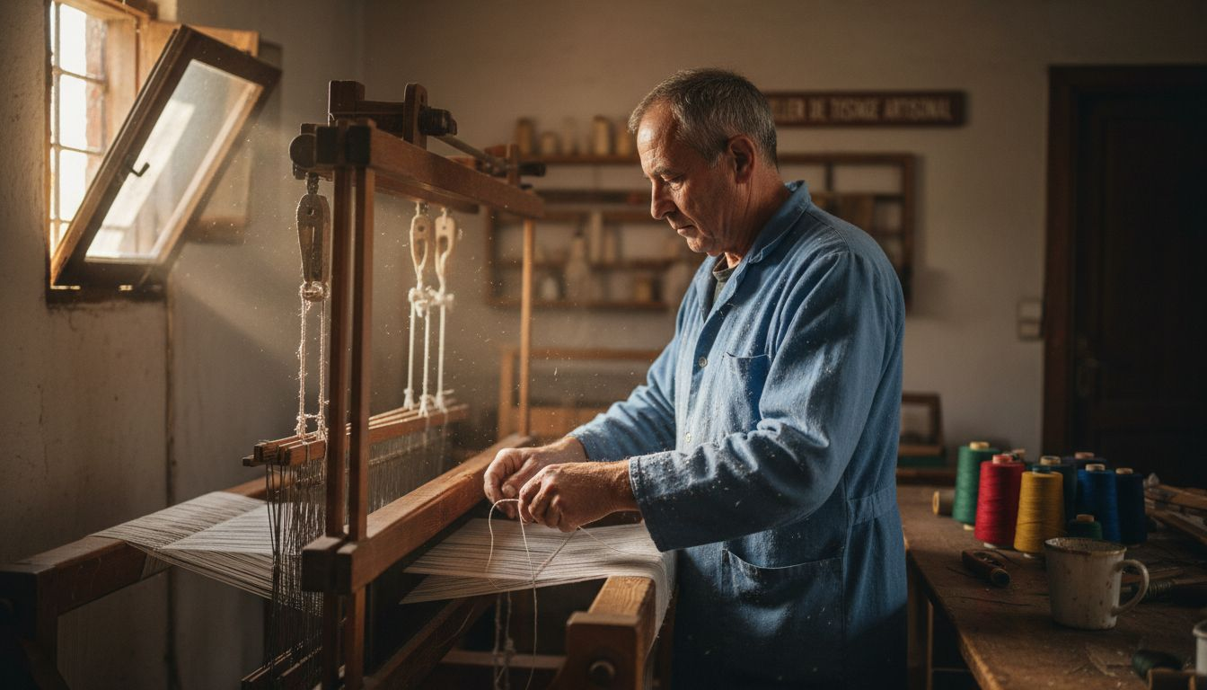 Un artisan façonne le lin avec savoir-faire dans son atelier, perpétuant les gestes traditionnels.