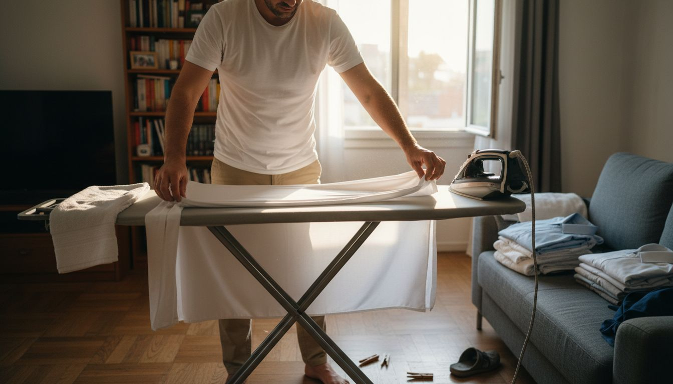 Un homme étale soigneusement un drap sur la planche à repasser, prêt à commencer le repassage.
