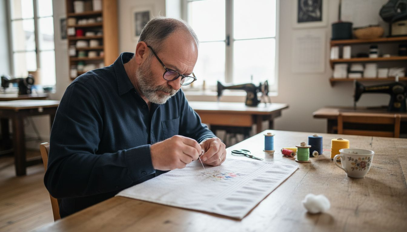 Un artisan réalise à la main de jolis motifs brodés sur des serviettes de bain.