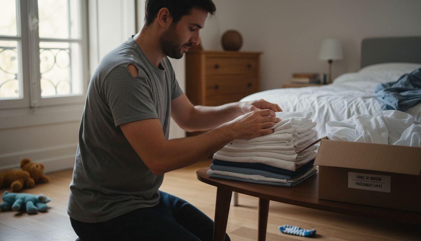 Un homme présente différents articles de linge de maison.