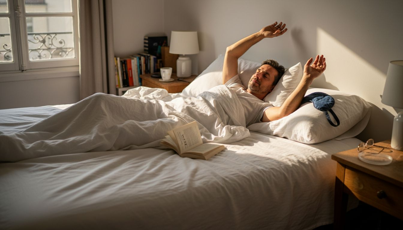 Un homme profite d’un moment de détente, allongé confortablement sur une literie haut de gamme, prêt à savourer un sommeil réparateur.