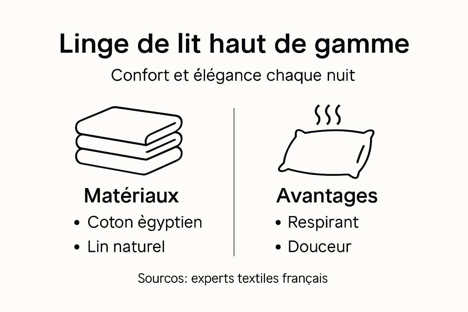 Découvrez notre infographie dédiée aux différents textiles utilisés pour le linge de lit, ainsi que leurs atouts pour votre confort et votre bien-être.