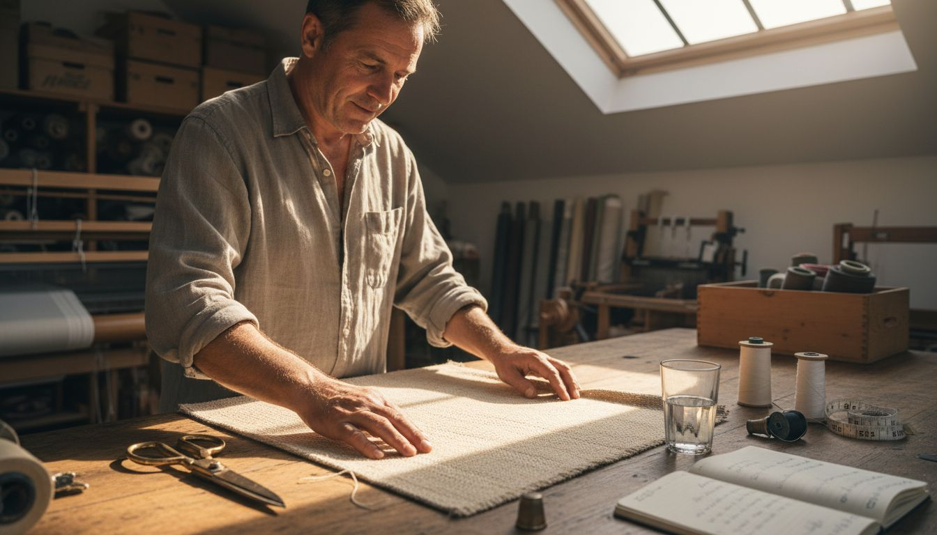 Un artisan porte une attention minutieuse aux détails du tissage d’un tissu d’exception, scrutant chaque fil pour en apprécier la qualité et la finesse.
