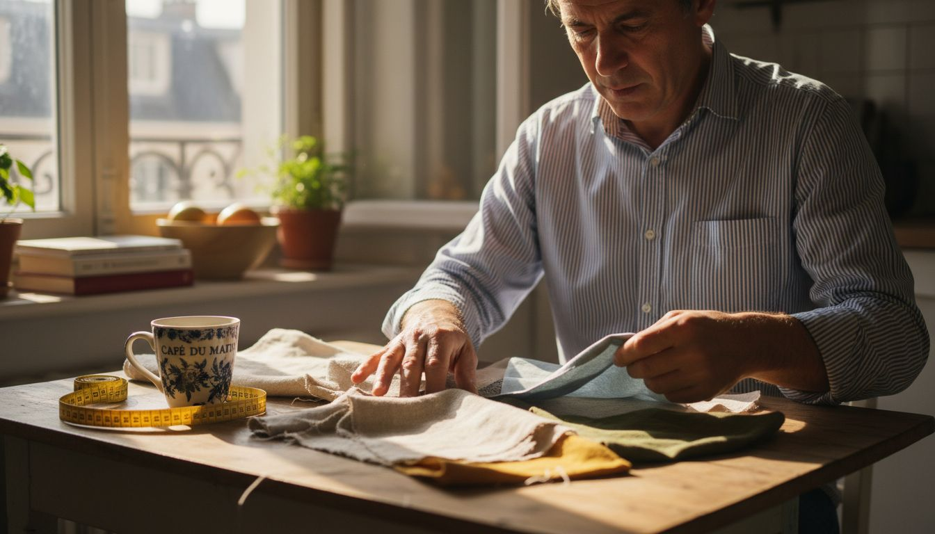 Un homme examine différents échantillons de tissu pour choisir la meilleure toile de lin.