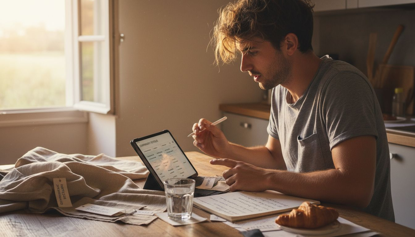 Un homme examine différentes collections et compare des échantillons de tissus pour évaluer leur qualité et leur style.