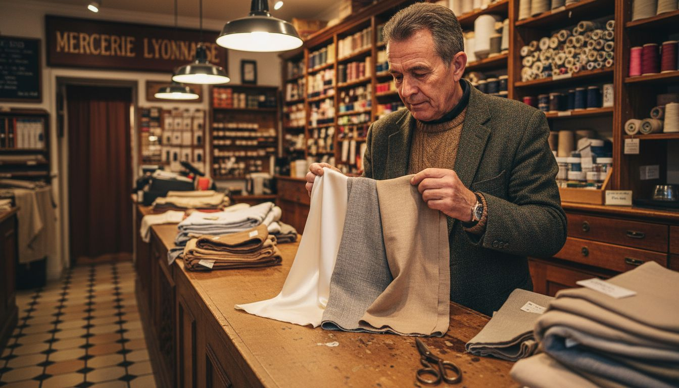 Un homme examine et compare différents tissus français pour en apprécier la qualité et les motifs.