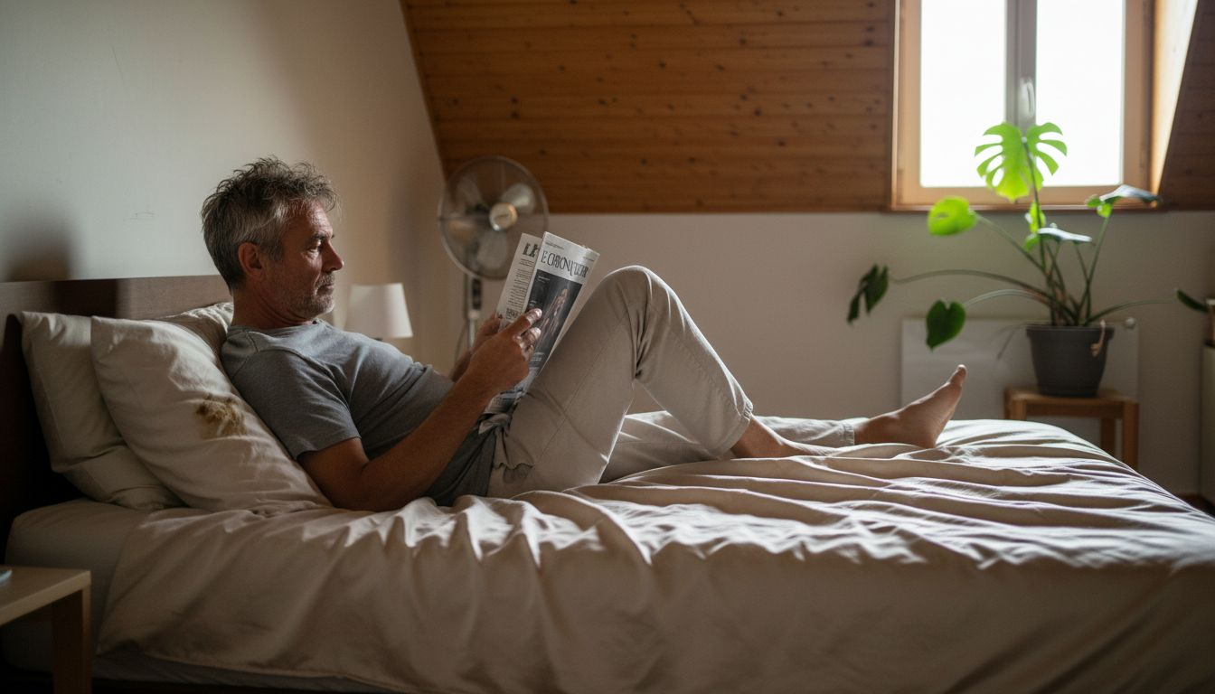 Un homme est étendu sur des draps en satin, dans l’intimité d’une chambre.