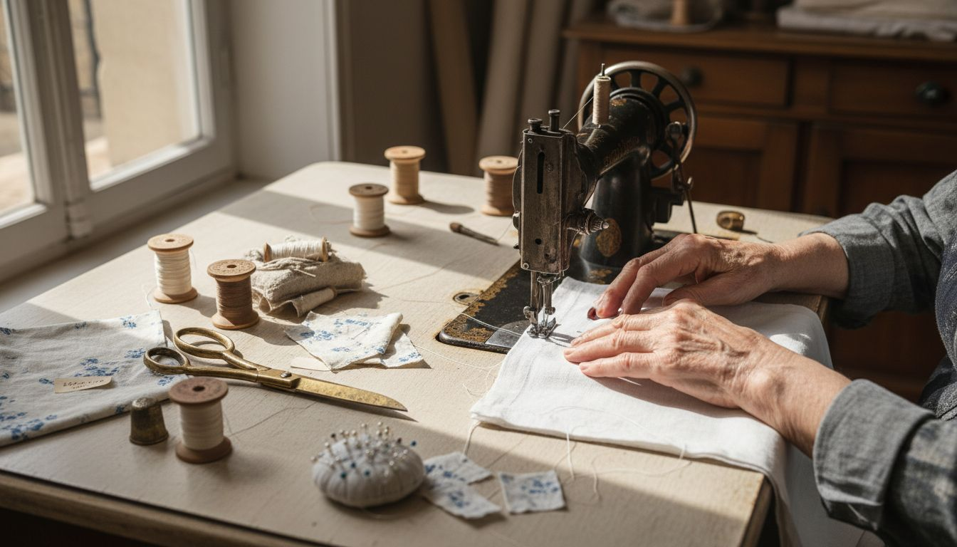 Des mains expertes à l’ouvrage, confectionnant avec soin du linge de lit français