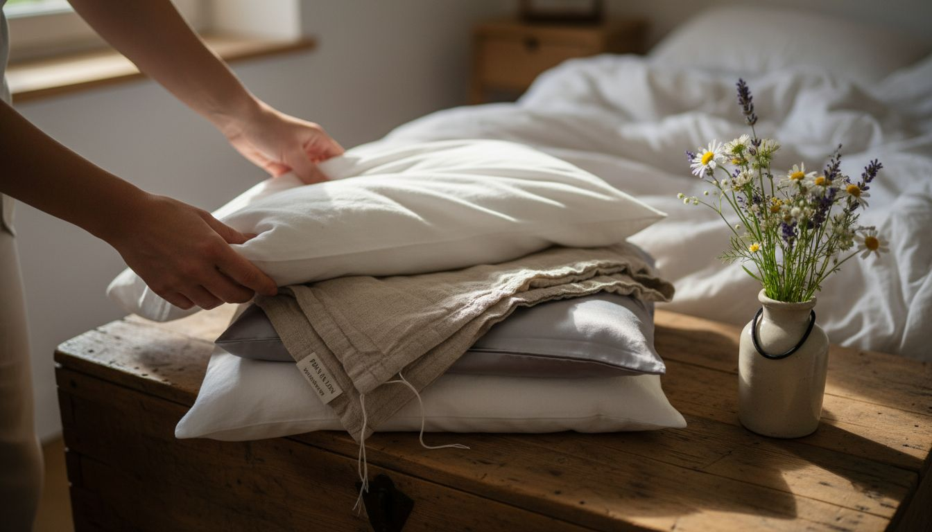 Des mains qui disposent soigneusement des housses de coussin en coton et en lin.