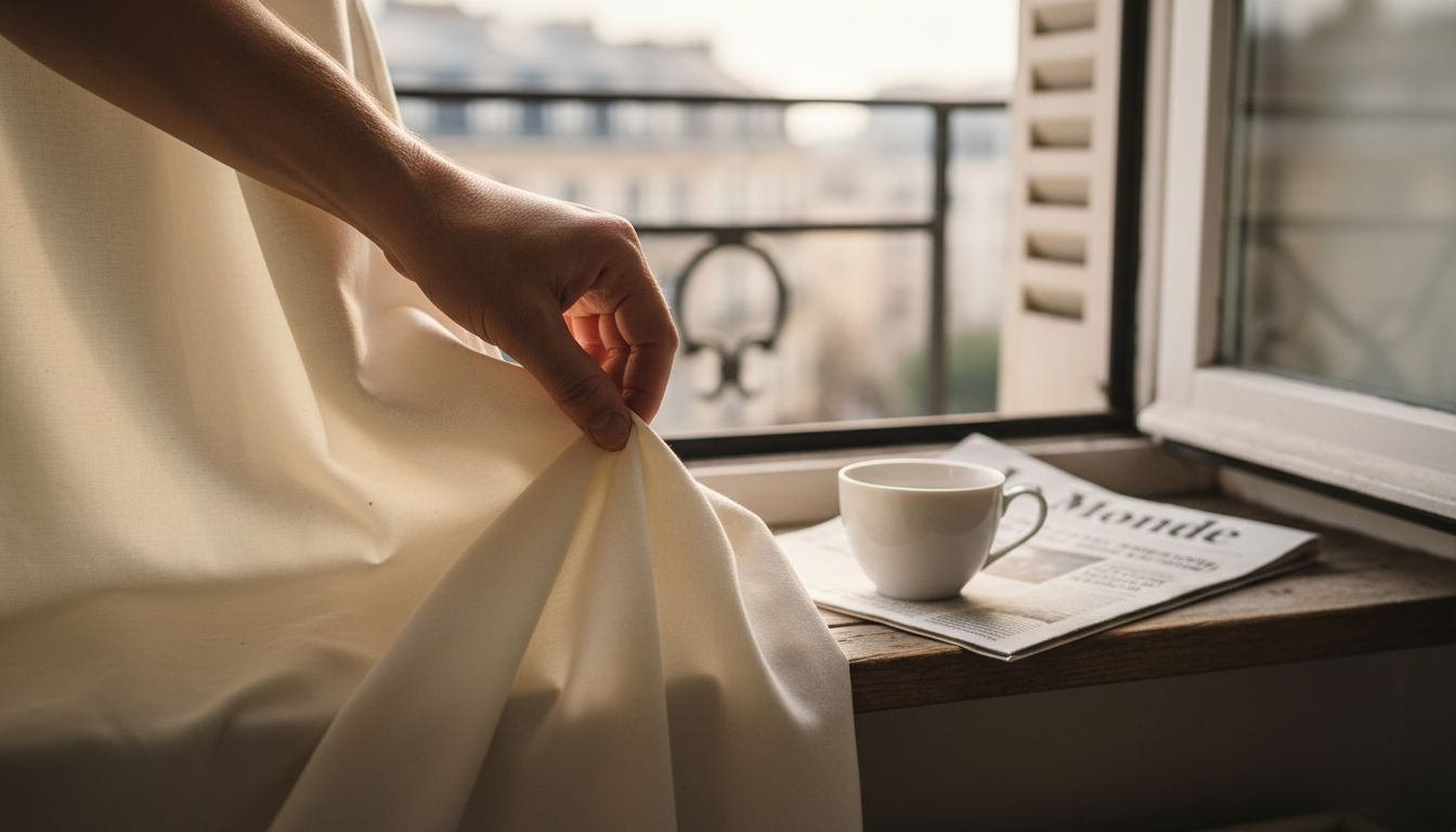 Gros plan sur une main caressant un tissu en satin de coton