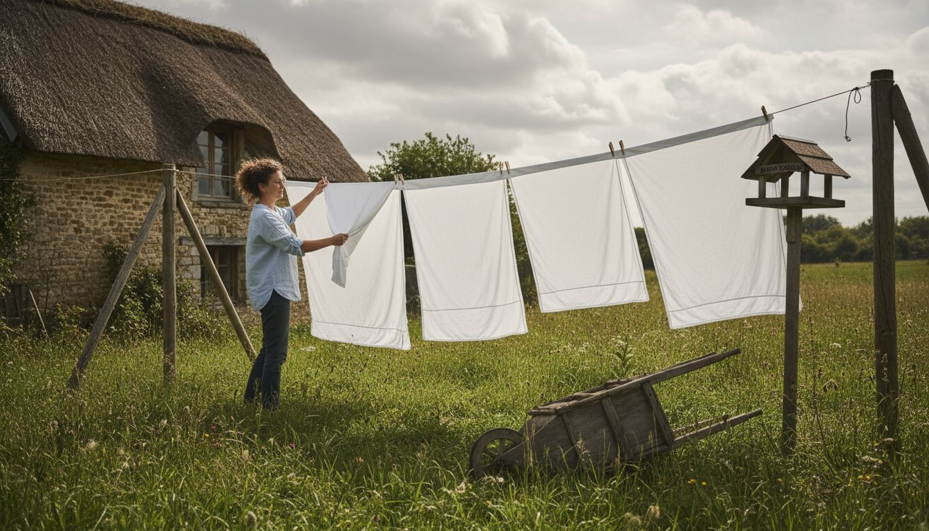 Des draps fraîchement lavés qui sèchent au soleil, étendus dans un jardin à la campagne.