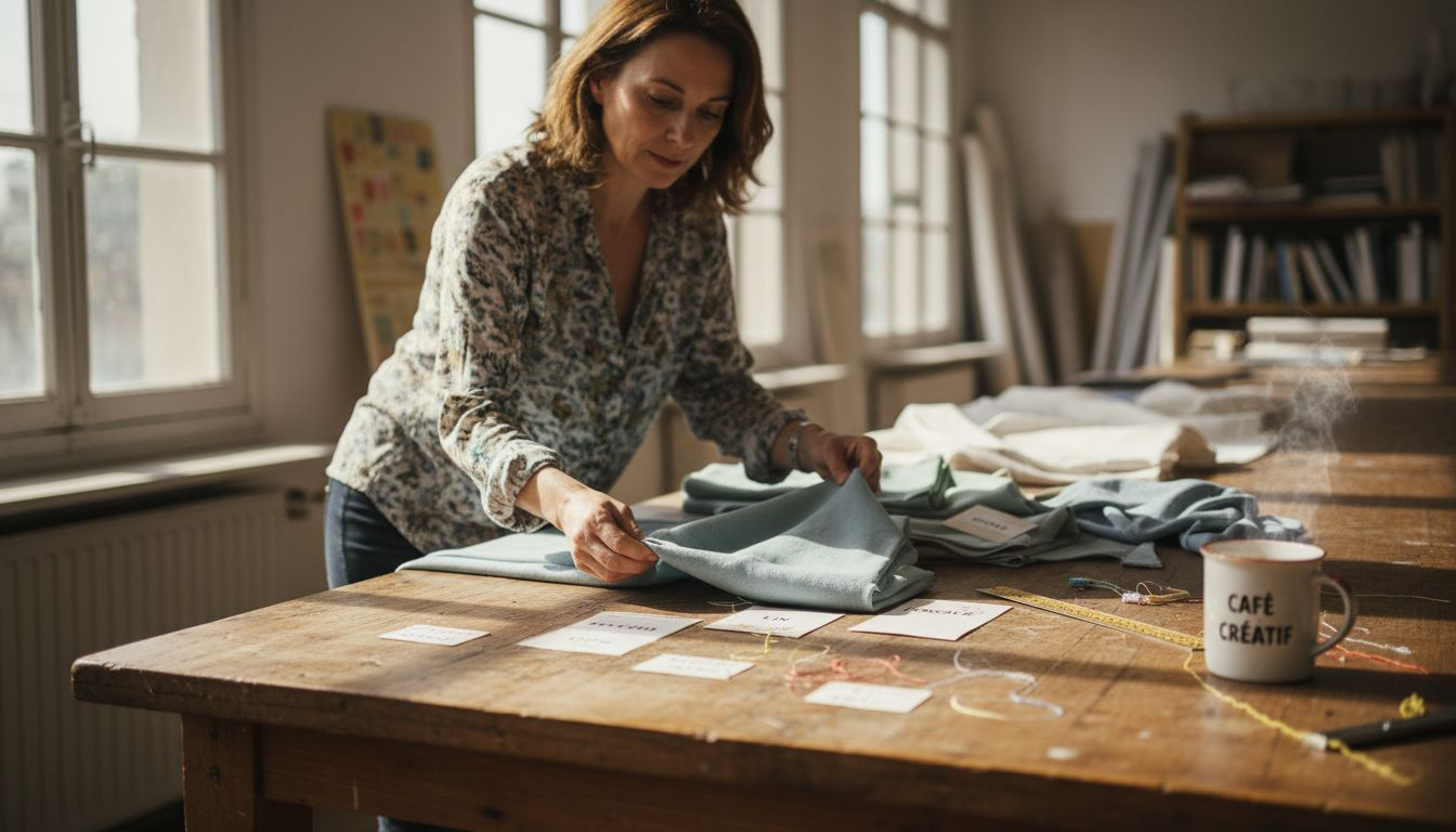 Un créateur examine attentivement des échantillons de tissus haut de gamme pour sélectionner les matières les plus raffinées.