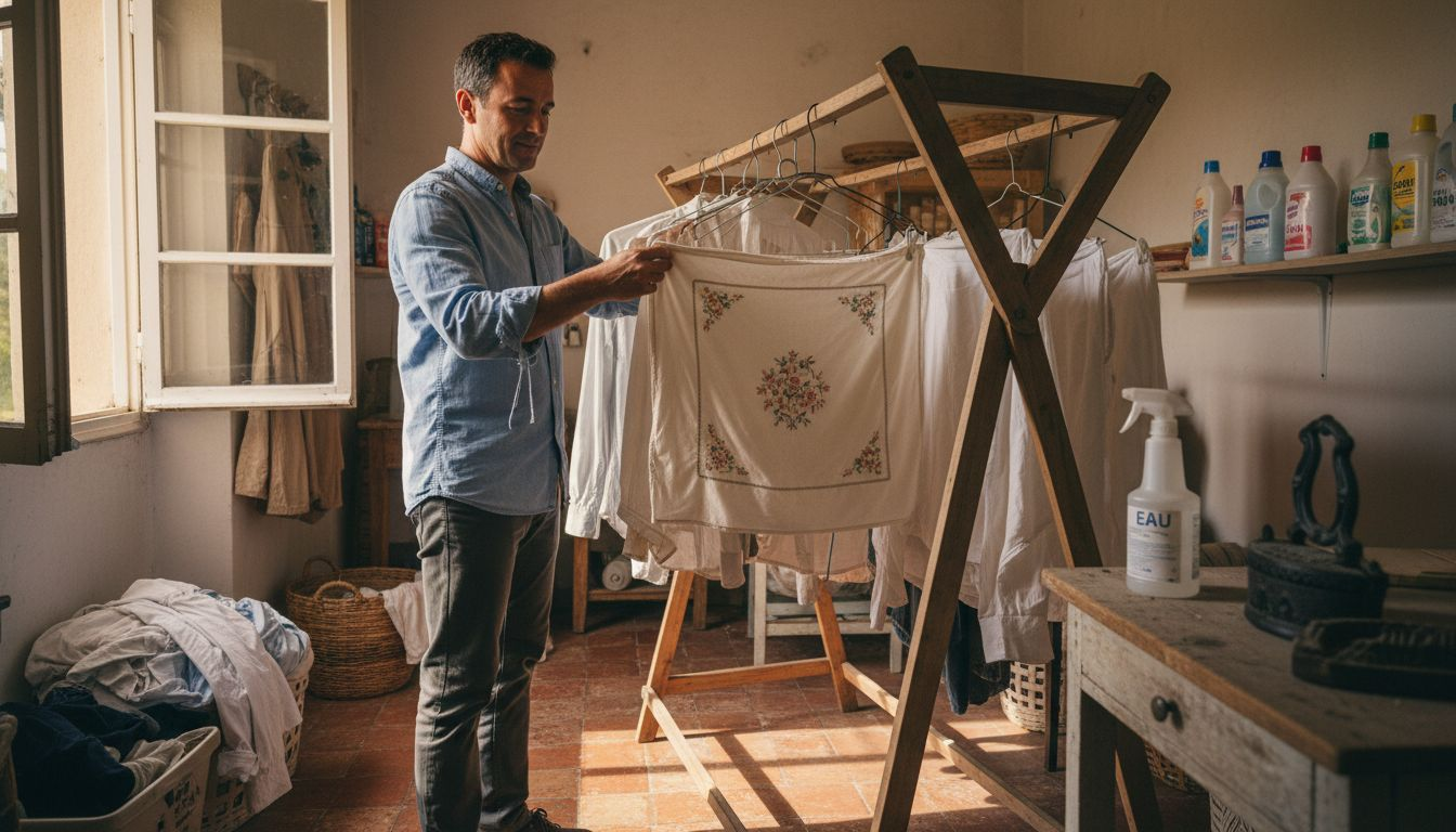 Étendre des taies d’oreiller délicates sur un séchoir en bois pour les laisser sécher à l’air libre.