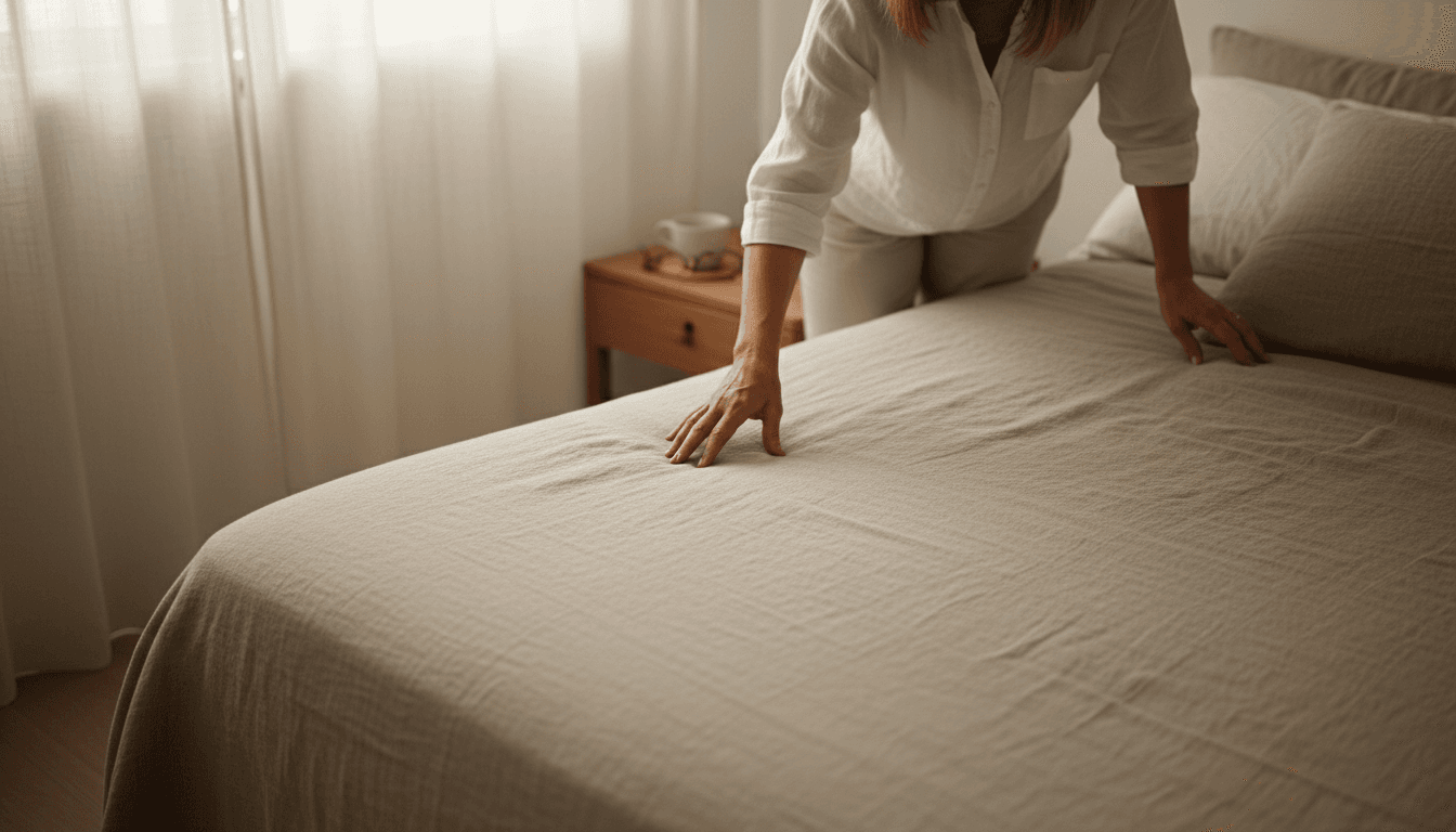 Une femme effleure un linge à la texture particulière dans une chambre minimaliste.