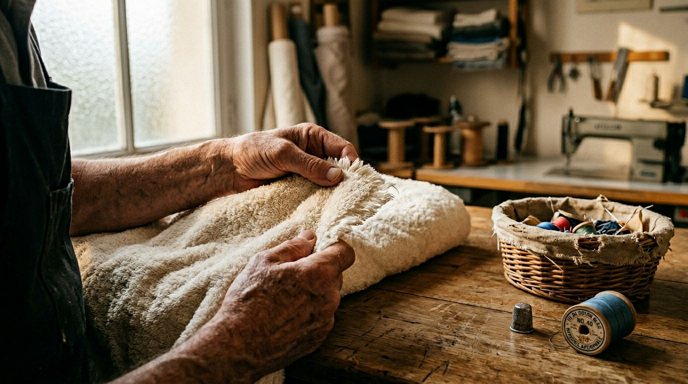 Gros plan sur une main qui vérifie la qualité d'une serviette en coton égyptien