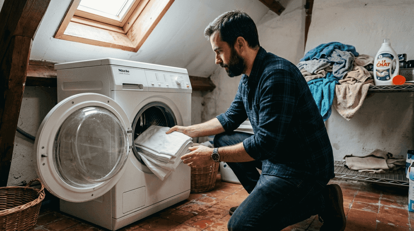 Un homme s'apprête à laver ses vêtements haut de gamme en machine.