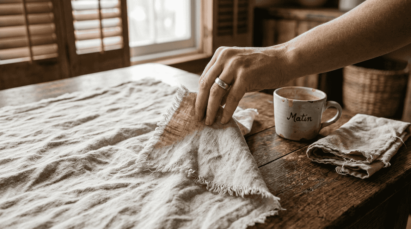 Une main passe doucement sur un linge en lin lavé, marqué de plis.