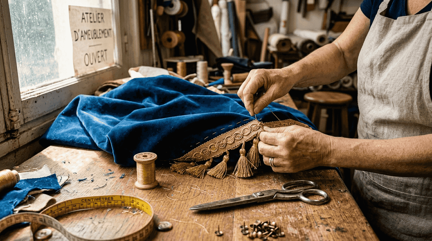 Poser un galon à franges dorées sur des rideaux en velours