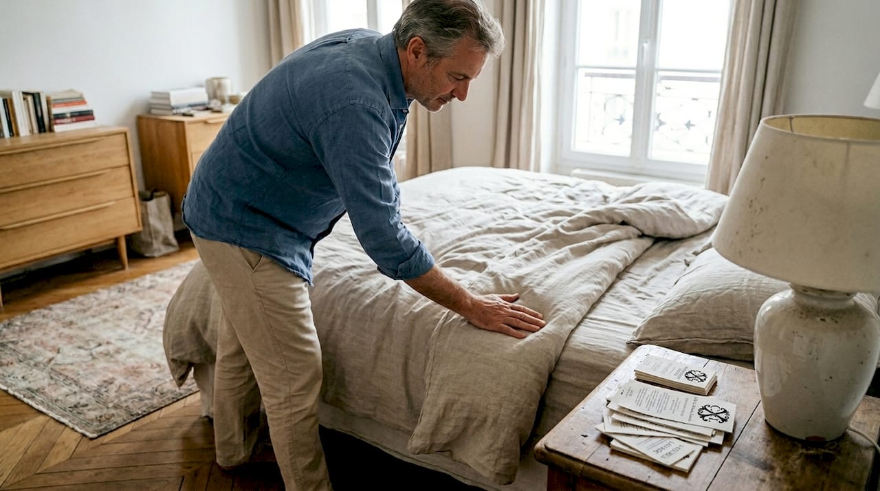 Un homme prend soin de son linge de lit en lin, reconnu pour sa durabilité.