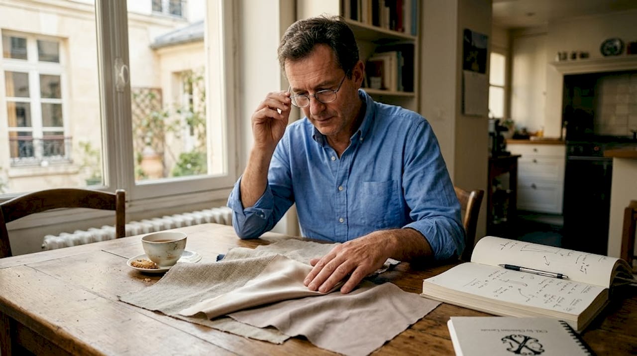 Des échantillons de tissus pour le linge de maison soigneusement disposés sur une table.