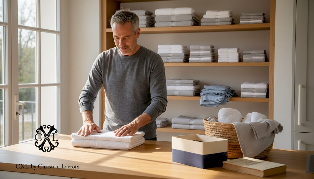 Un homme plie le linge à la verticale, installé sur la table de la cuisine.