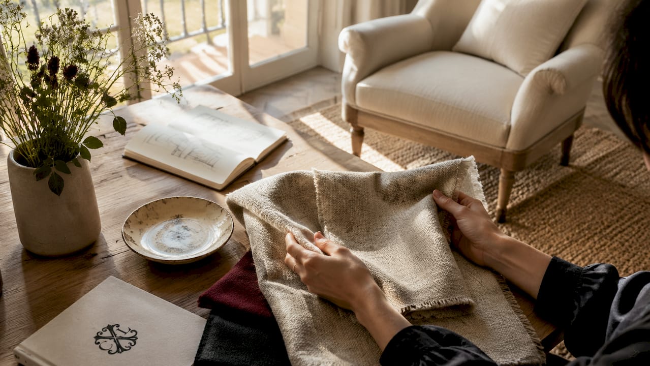 Une main caresse un tissu d’exception, symbole de raffinement pour votre intérieur.