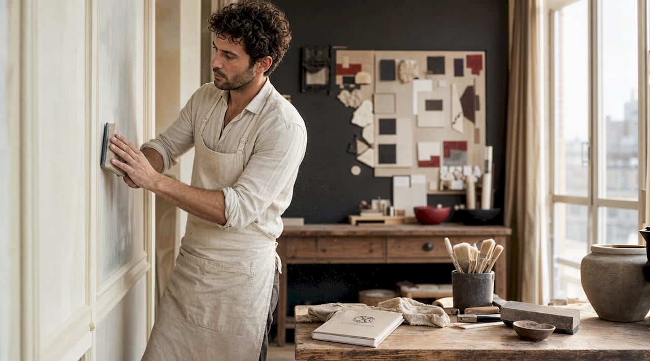Un artisan en plein ponçage d’un mur pour assurer une finition impeccable.