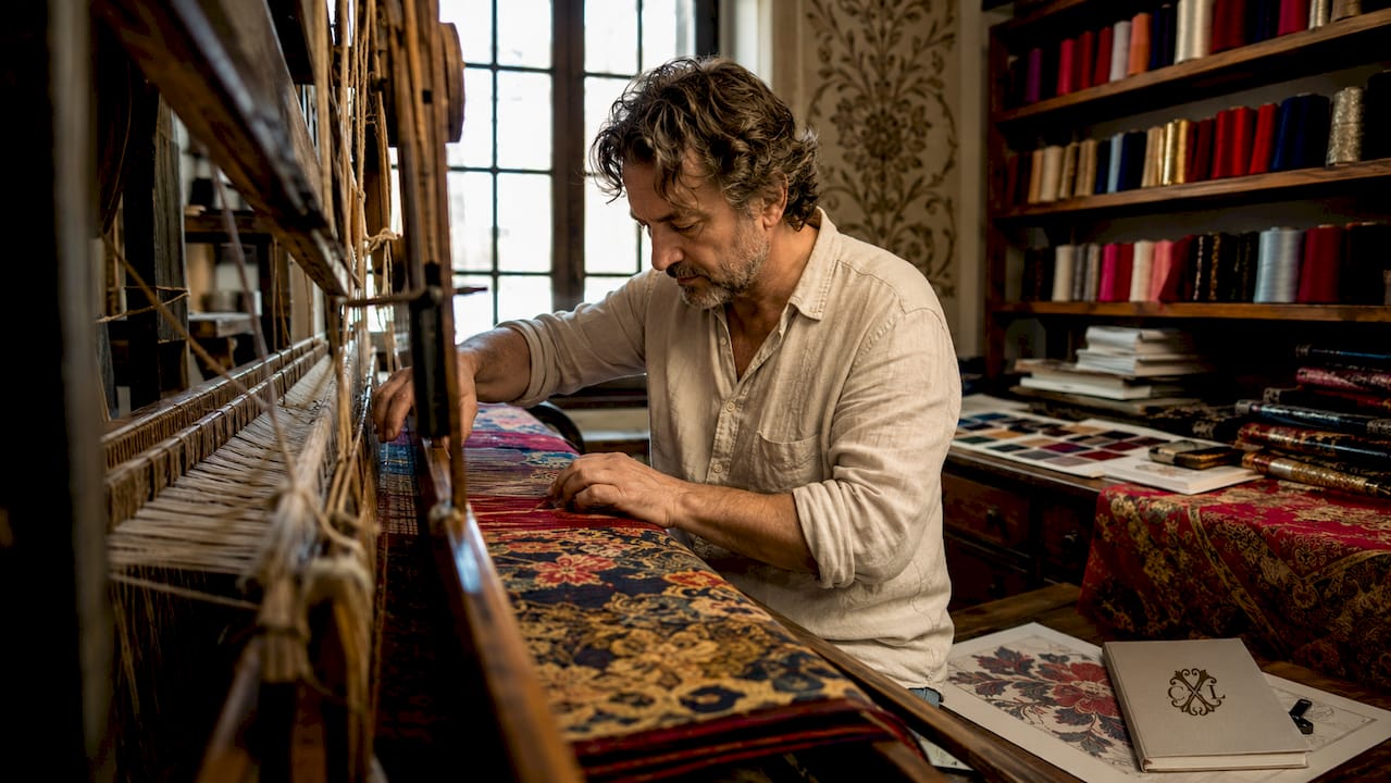 Un artisan en pleine création, élaborant un tissu jacquard CXL sur son métier à tisser traditionnel.