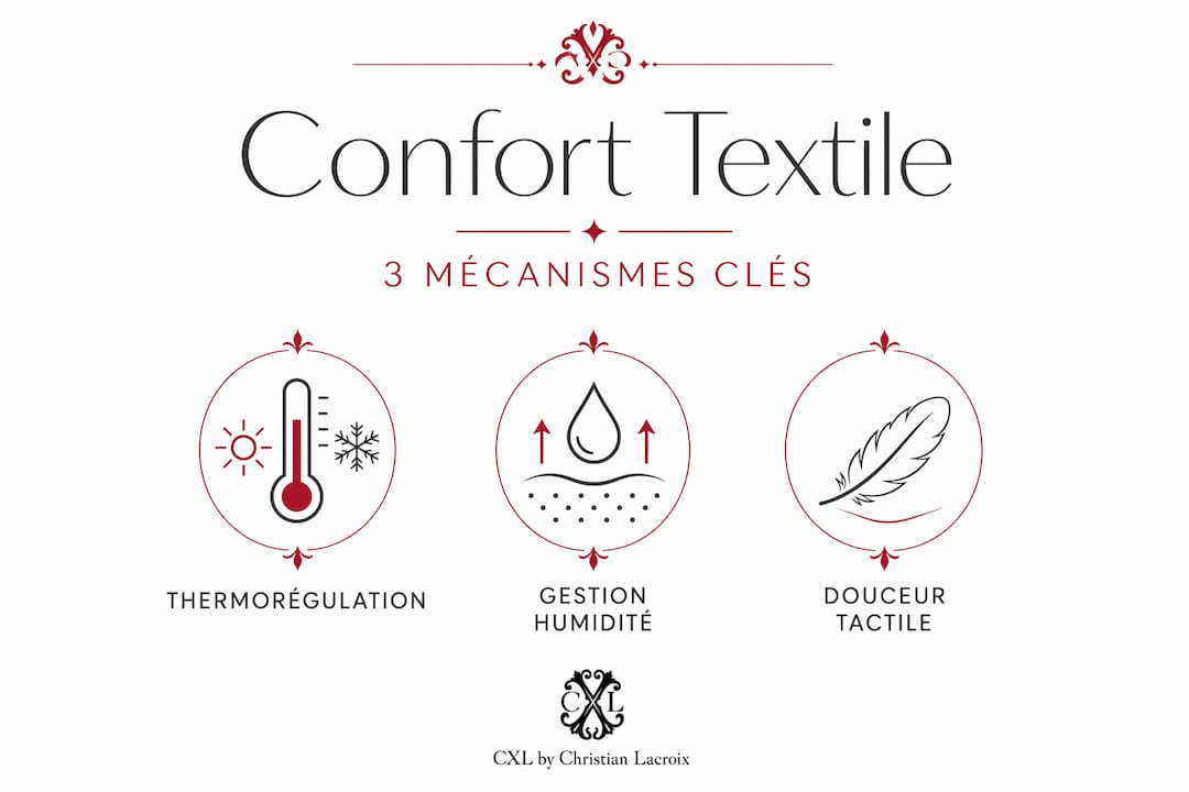 Découvrez en un coup d’œil les trois grands principes qui influencent le confort des textiles grâce à notre infographie.
