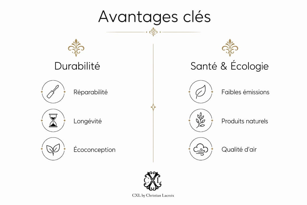 Découvrez en un coup d’œil tous les atouts : durabilité, bienfaits pour la santé et qualité des finitions artisanales.