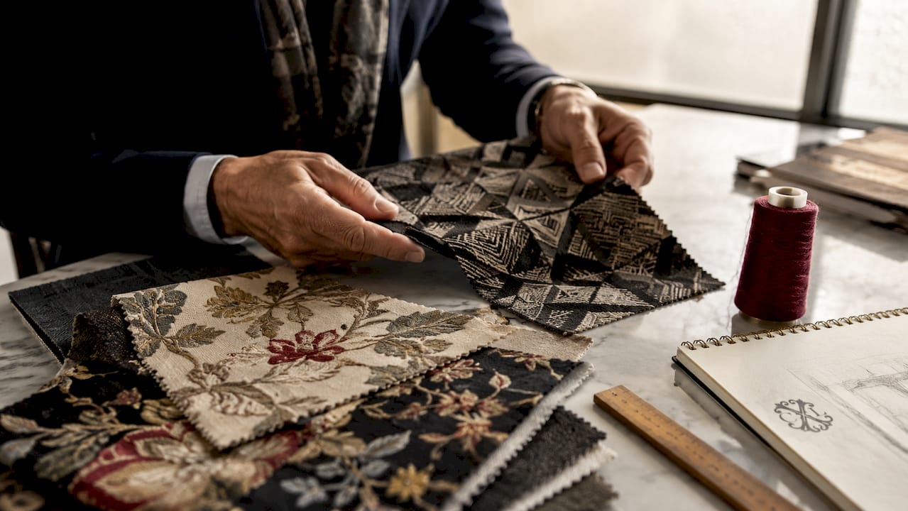 Zoom sur des mains qui sélectionnent des échantillons de tissus, attentives aux motifs et aux textures.