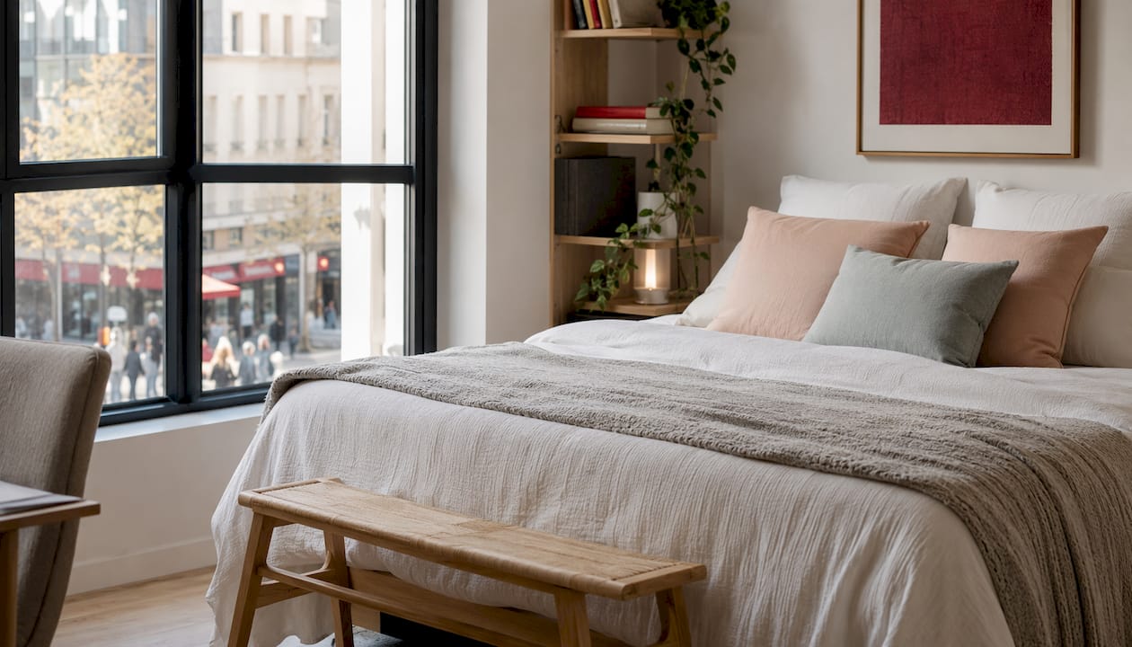 Espace nuit cosy, habillé de linge immaculé et agrémenté d’éléments déco inspirés de la nature.