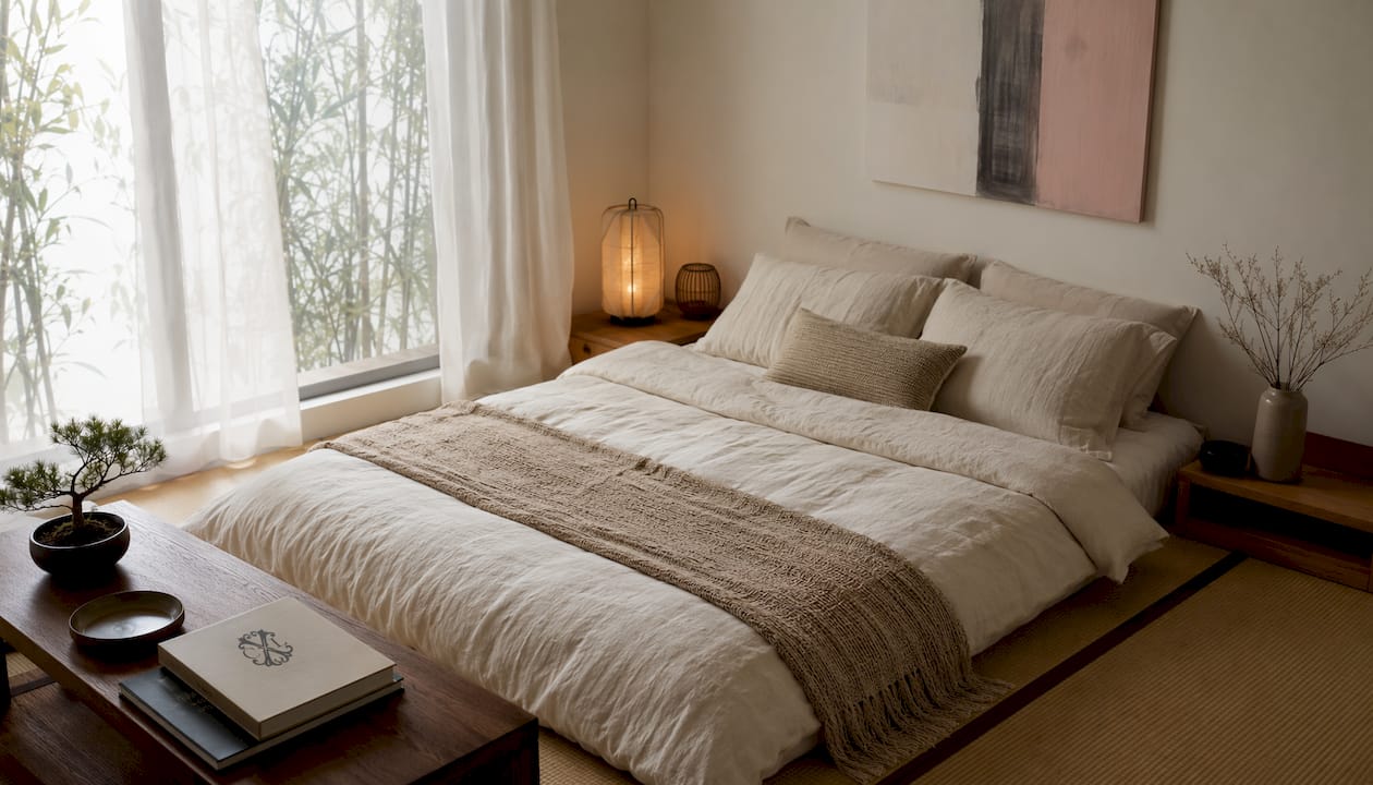 Une chambre élégamment aménagée, avec une parure de lit en coton crème tout en douceur, pour une ambiance chaleureuse et naturelle.